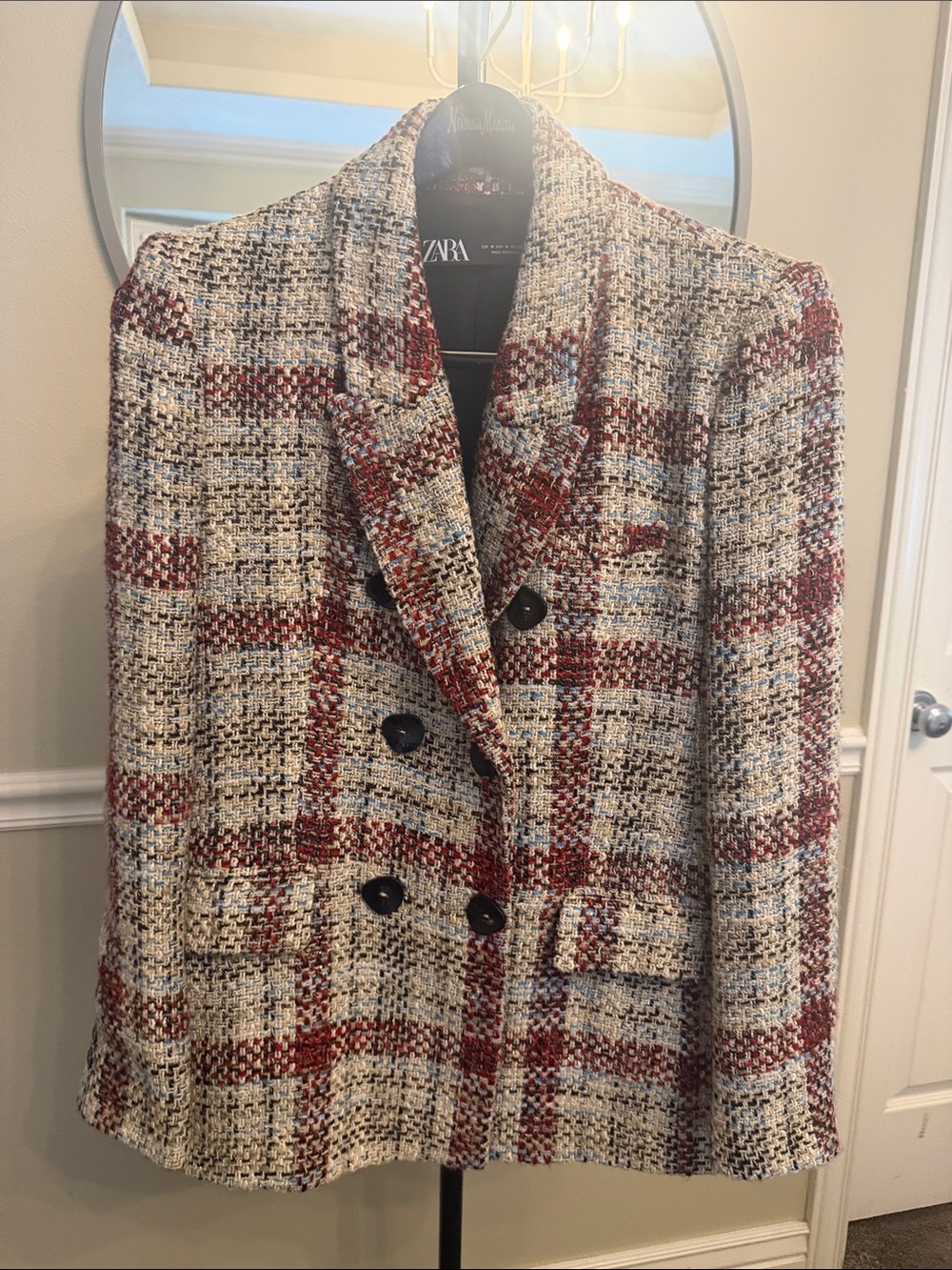 Zara Plaid Tweed Double-Breasted Blazer in Cream and Red
